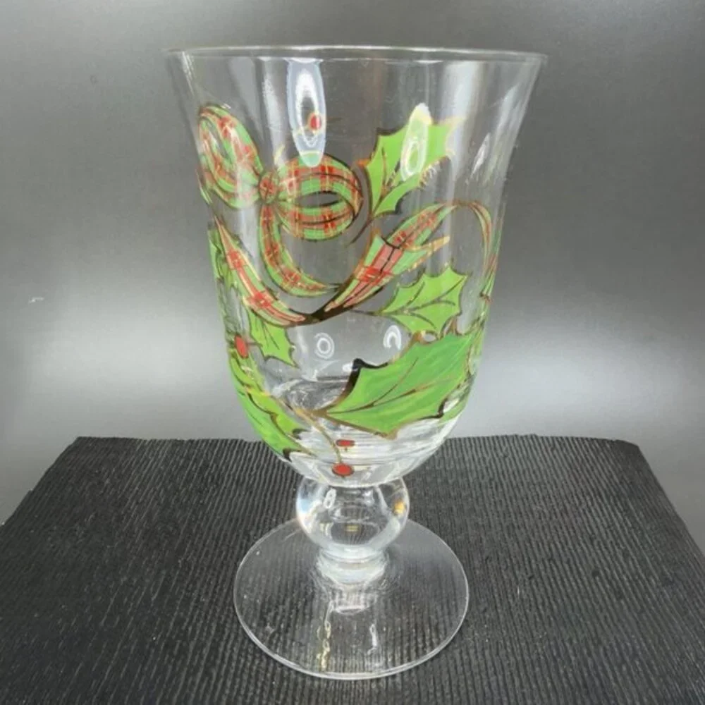 Lenox Holiday Plaid Ribbon Iced Tea Glass Footed Goblet‎ Cup Hand Painted Single